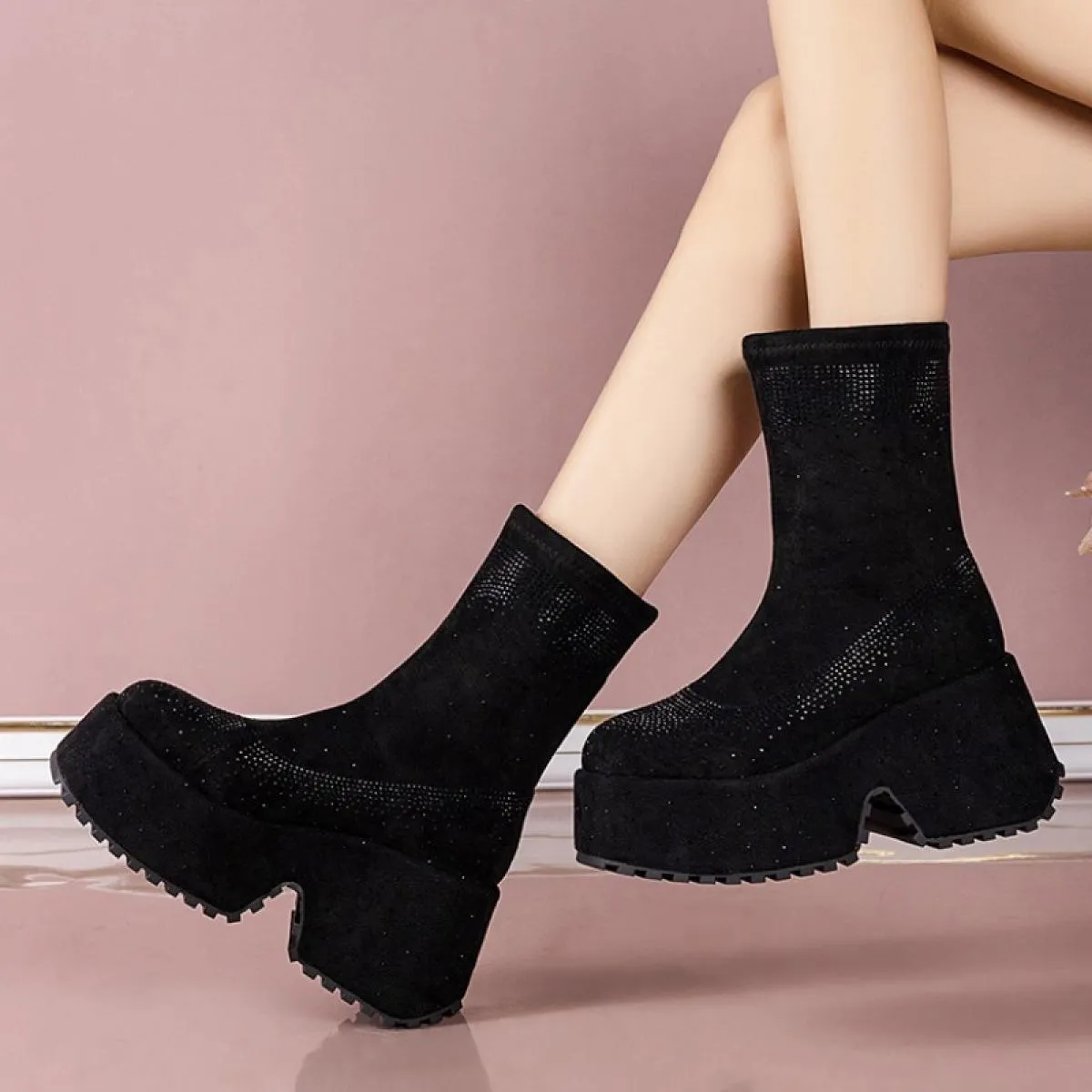 2023 nuovi stivali Chelsea di cristallo inverno zeppe di marca piattaforma scarpe da donna tacchi alti stivaletti moda grosso po