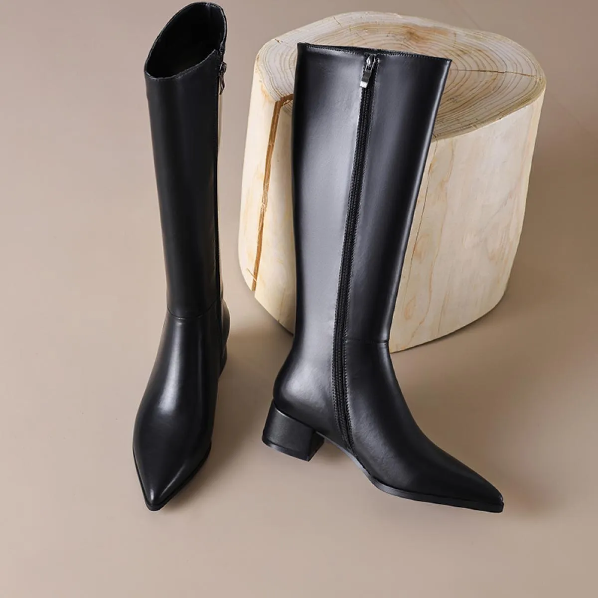 2024 Donne Genuino Stivali Alti Al Ginocchio In Pelle di Spessore Med Tacchi Punta a Punta Casual Ufficio Scarpe da Festa Donna