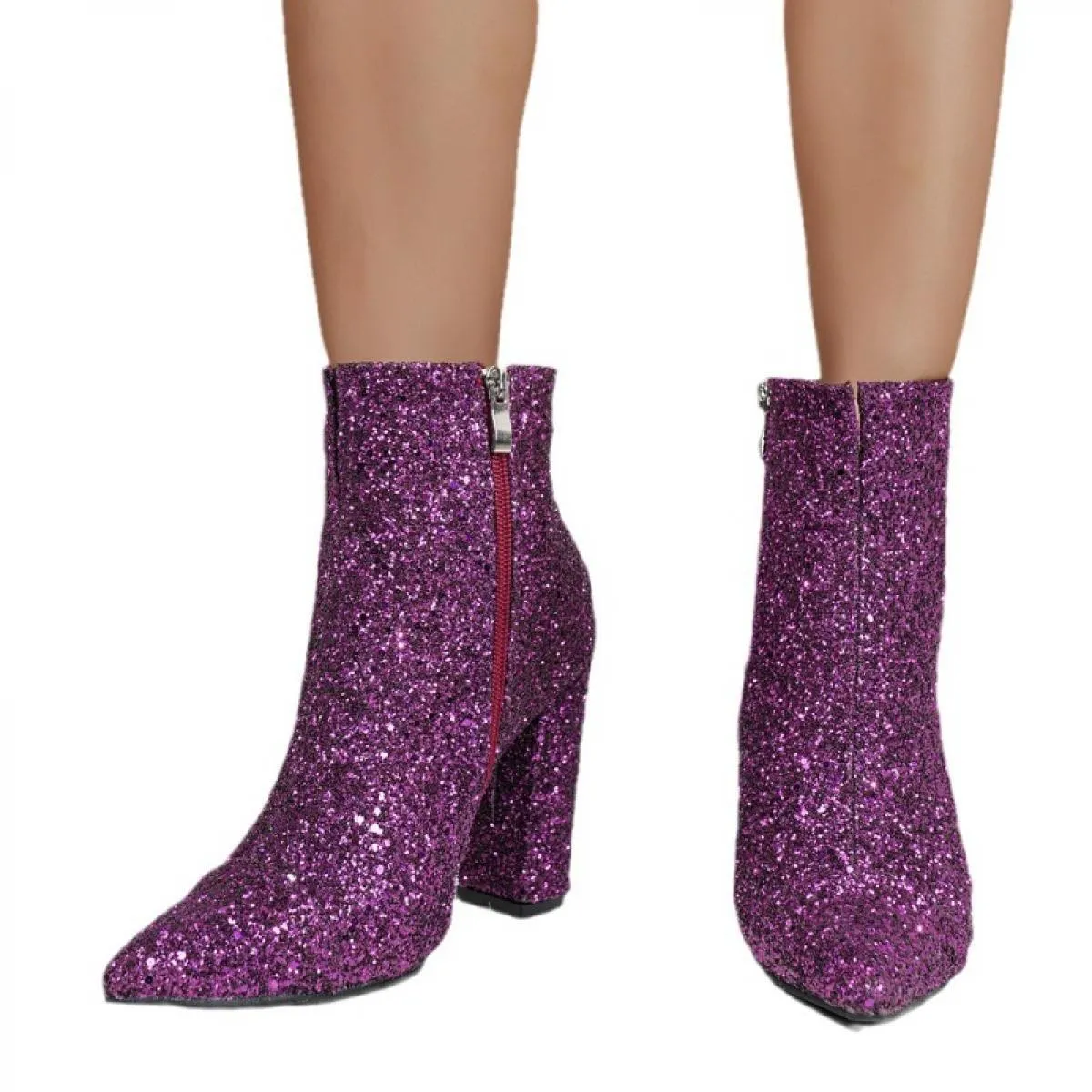 2024 New Bing Paillettes Oro Stivaletti da donna Moda Spessa Tacchi alti Donna Punta rotonda Stivali invernali Cerniera femminil