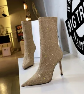Bigtree Donne Tacchi Alti Paillettes Panno Stivaletti Strass Tacchi Alti Scarpe Donna Scarpe A Punta Delle Signore Scarpecavigli