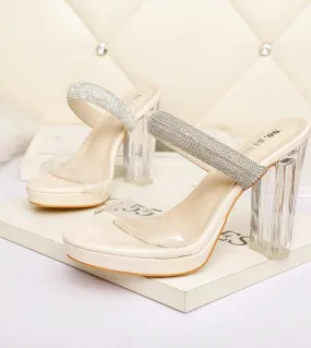 Estate New Fashion Open Toe Tacchi Sandalo Pvc Dot Decorazione Crystal Bordato Slip On Party Dress Donna Ciabatte Scarpe da donn