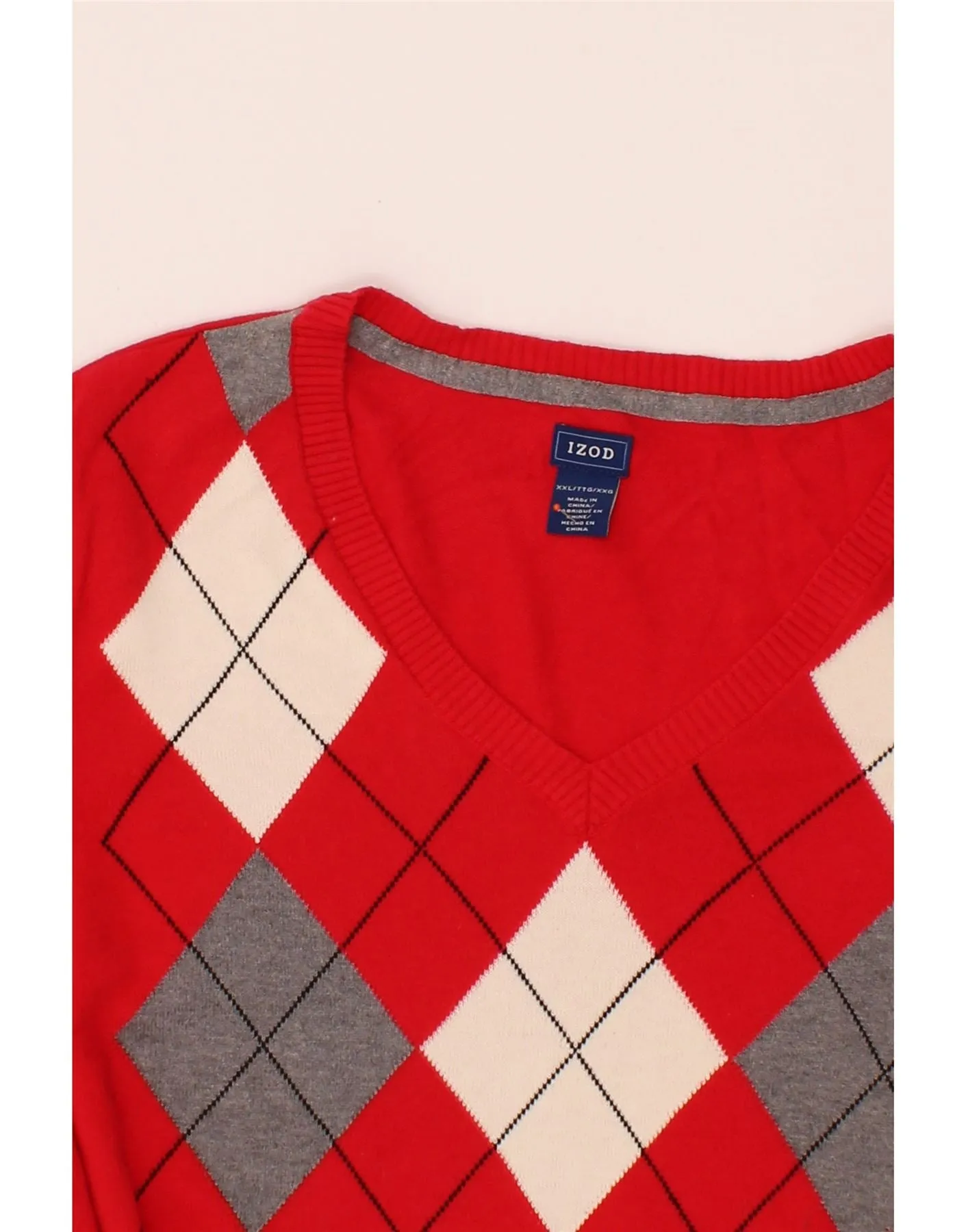IZOD Womens V-Neck Jumper Sweater UK 20 2XL Red Argyle/Diamond Cotton