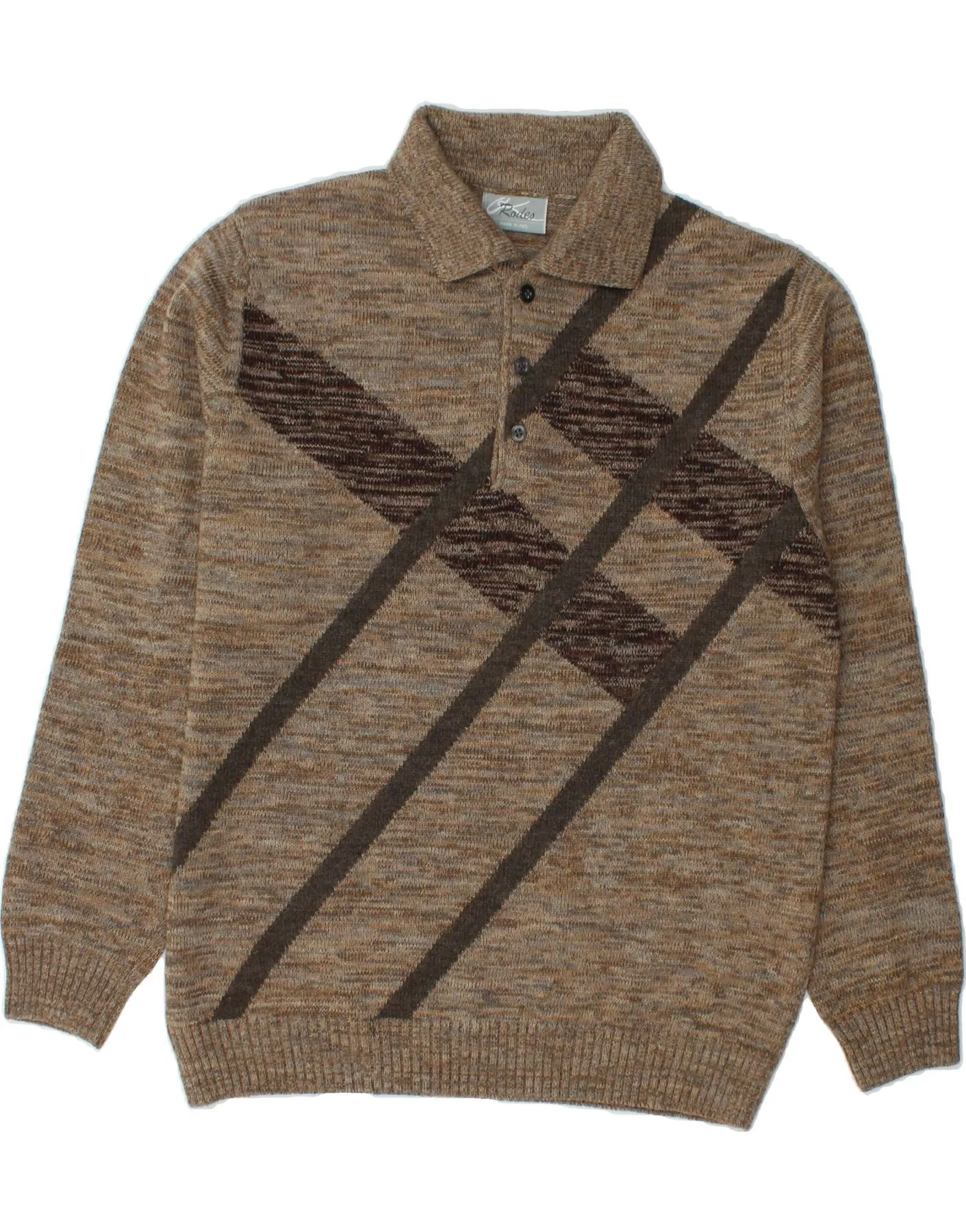 RODES Mens Polo Neck Jumper Sweater Medium Brown Striped Wool
