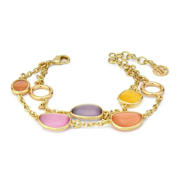 XB1018D Bracciale placcato oro giallo a doppio filo con cinque cristalli multicolor e moduli circolari    
